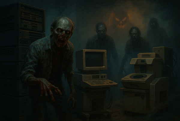 A stack of old IT servers, medical scanners and lab equipment in a warehouse