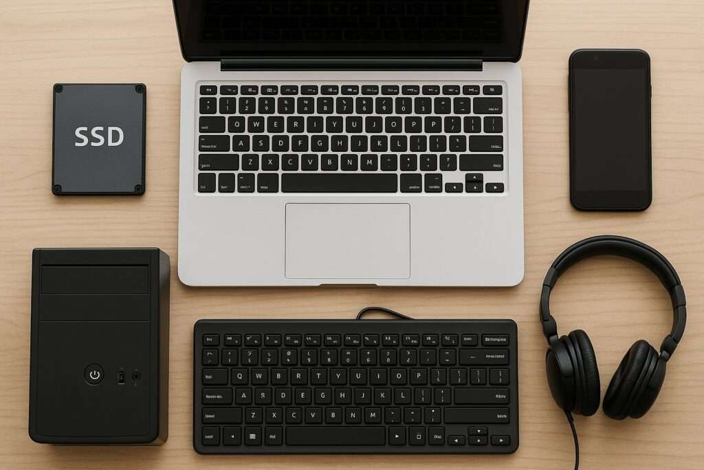 IT equipment laid out on table