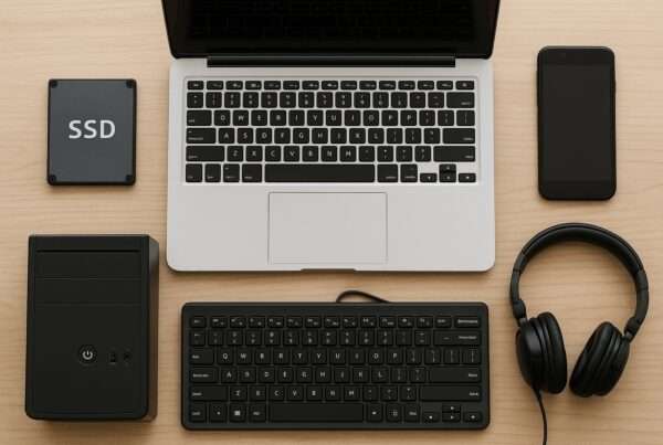 IT equipment laid out on table