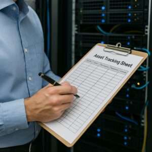 Man with asset tracking check sheet