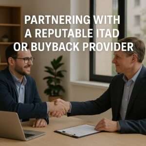 "Partnering with a reputable ITAD or buyback provider" with two people shaking hands